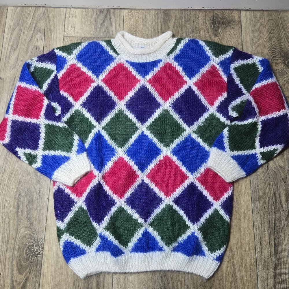 vtg 80s Geometric Diamonds Mohair Sweater Hasting & Smith Size Large